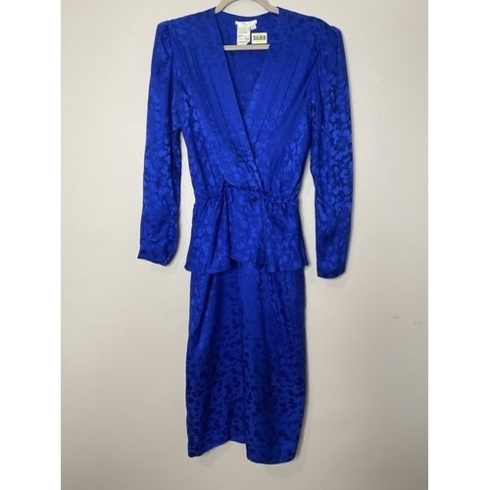 VTG 80s Blue Jacquard Sateen Peplum Waist Midi Dress Women 7/8 Hong Kong - Picture 5 of 7
